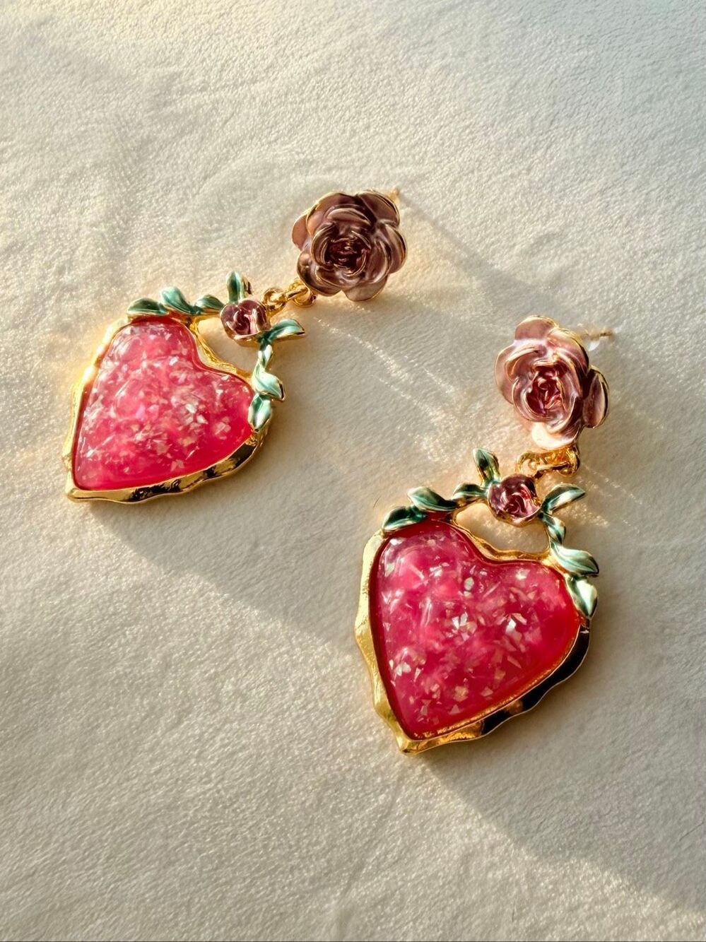 Pink Heart Rose Drop Earrings Gold Floral Romantic Statement